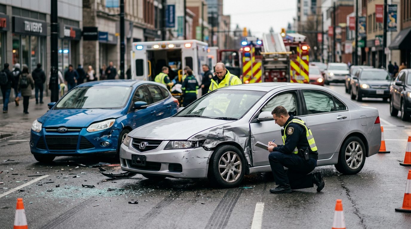 Escena de un accidente de tránsito en una calle urbana, con vehículos dañados, personal de emergencia e investigadores documentando lo ocurrido.