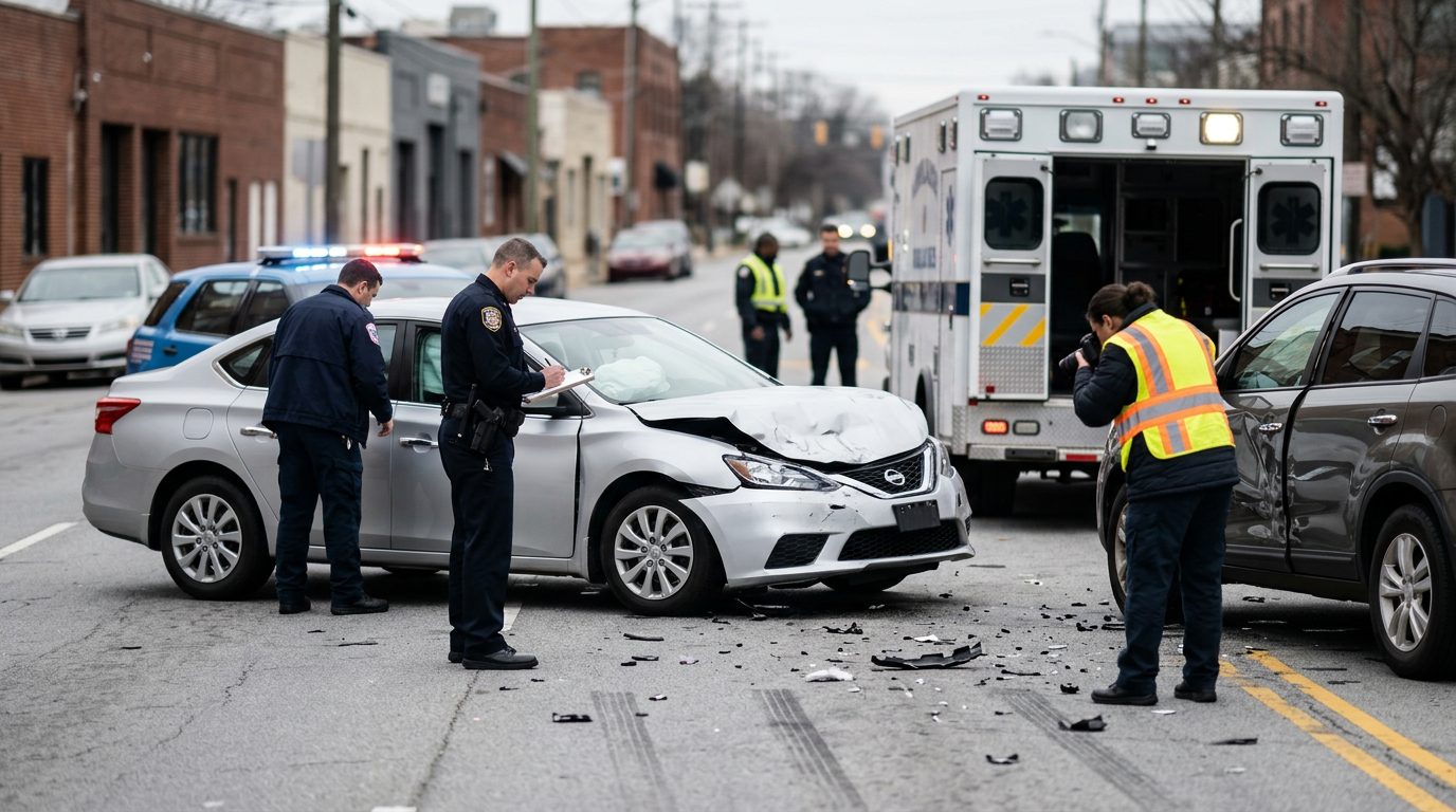 Vehículos dañados en una calle urbana, con personal de emergencias e investigadores documentando el accidente.