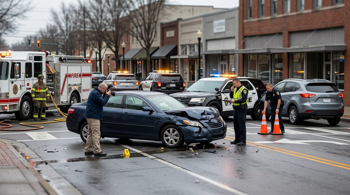 Escena de accidente de tránsito en una calle de la ciudad, con vehículos dañados, vehículos de emergencia y agentes documentando el incidente.