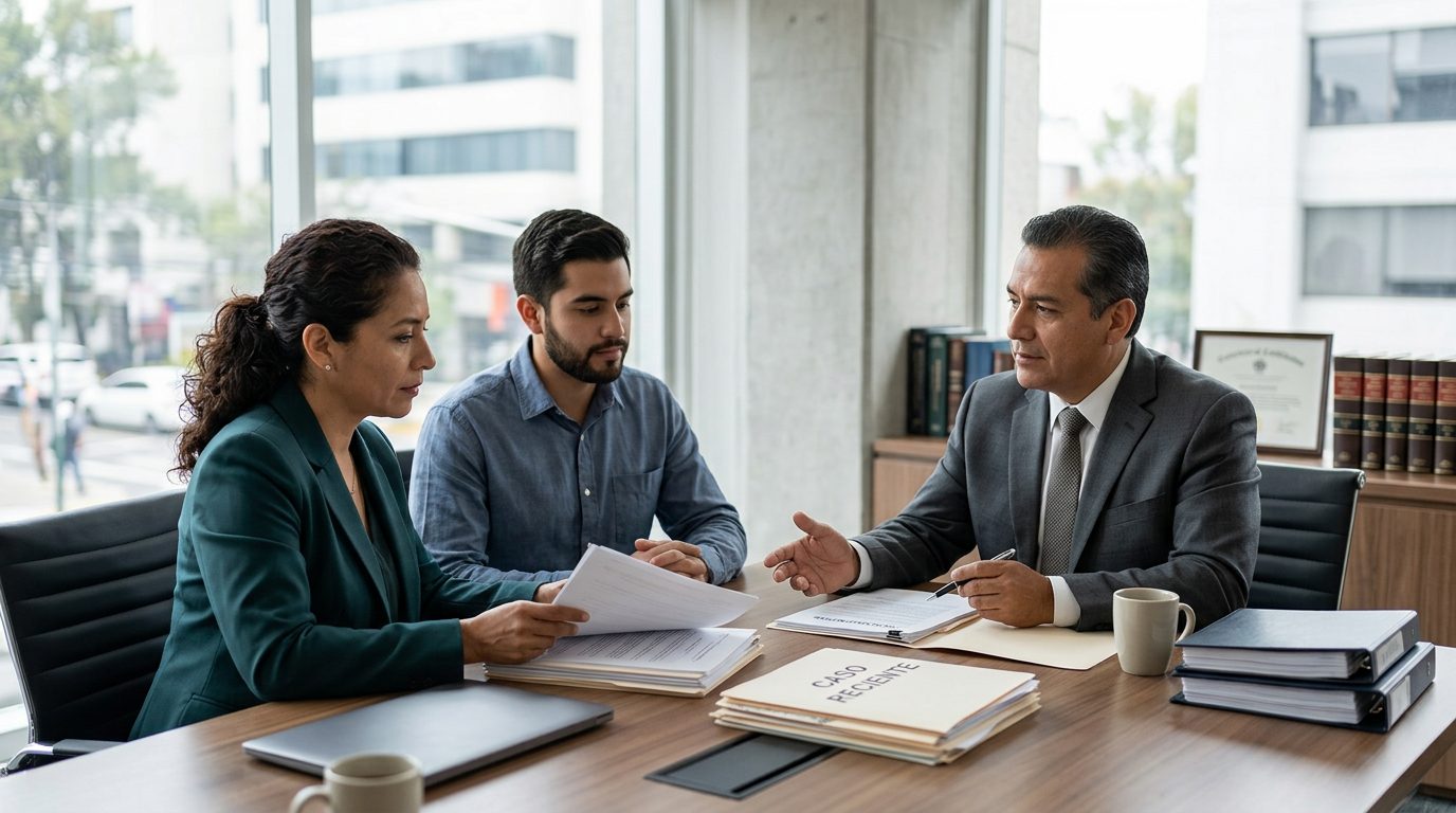 Abogado revisando documentos legales en escritorio con cliente en oficina de ley.