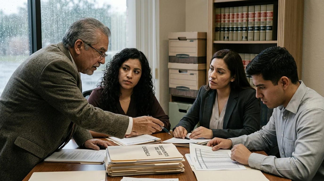 Abogado y cliente discutiendo documentos legales de responsabilidad civil en oficina.