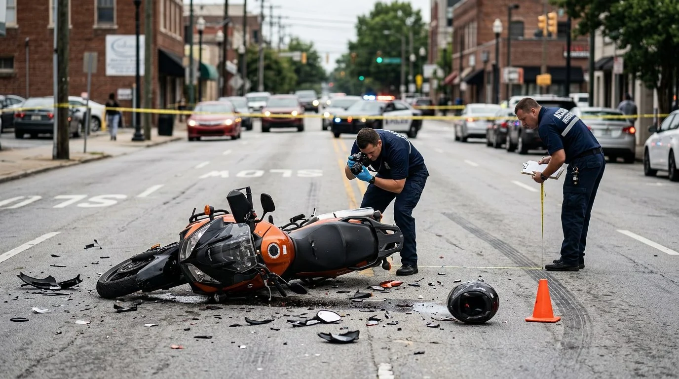 Investigadores documentan un choque de motocicleta en una calle de la ciudad, rodeados de restos de vehículos y marcas viales.