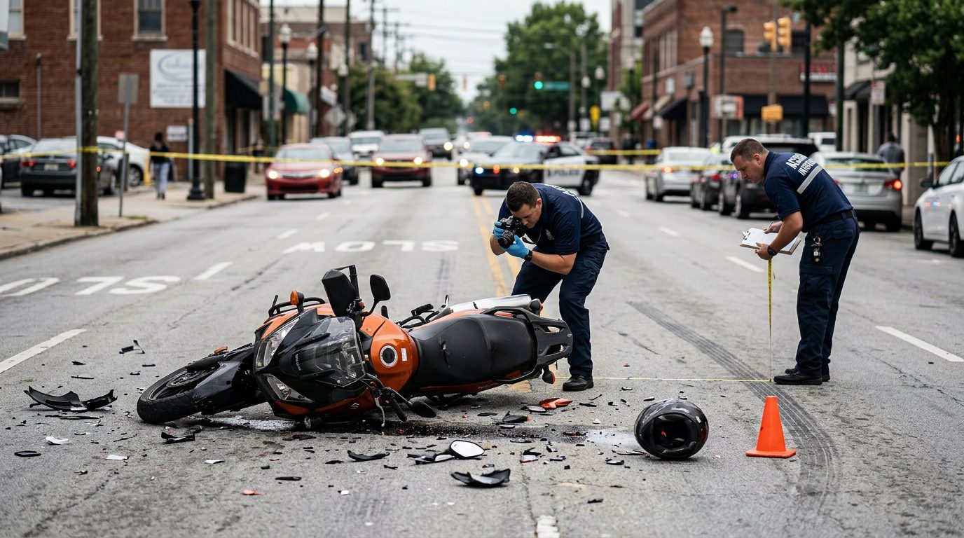 Accident investigators document a motorcycle collision on a city street, surrounded by vehicle debris and road markings.