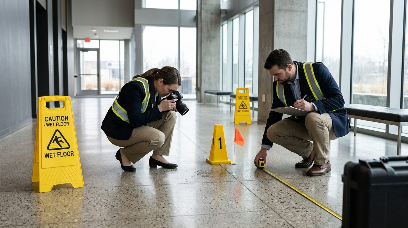 Accident investigators documenting slip and fall evidence with hazard markers and flooring measurements.