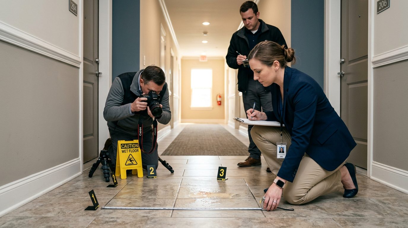 Accident investigators documenting slip and fall incident with hazard markers and flooring measurements.