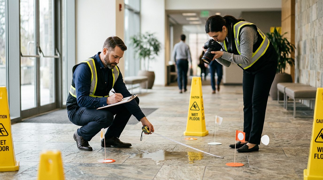 Accident investigators documenting slip and fall incident with hazard markers and flooring measurements.