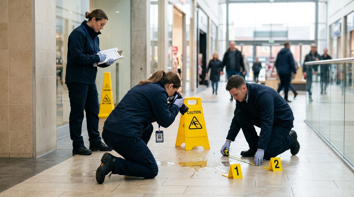Accident investigators documenting slip and fall scene with hazard markers and flooring measurements.