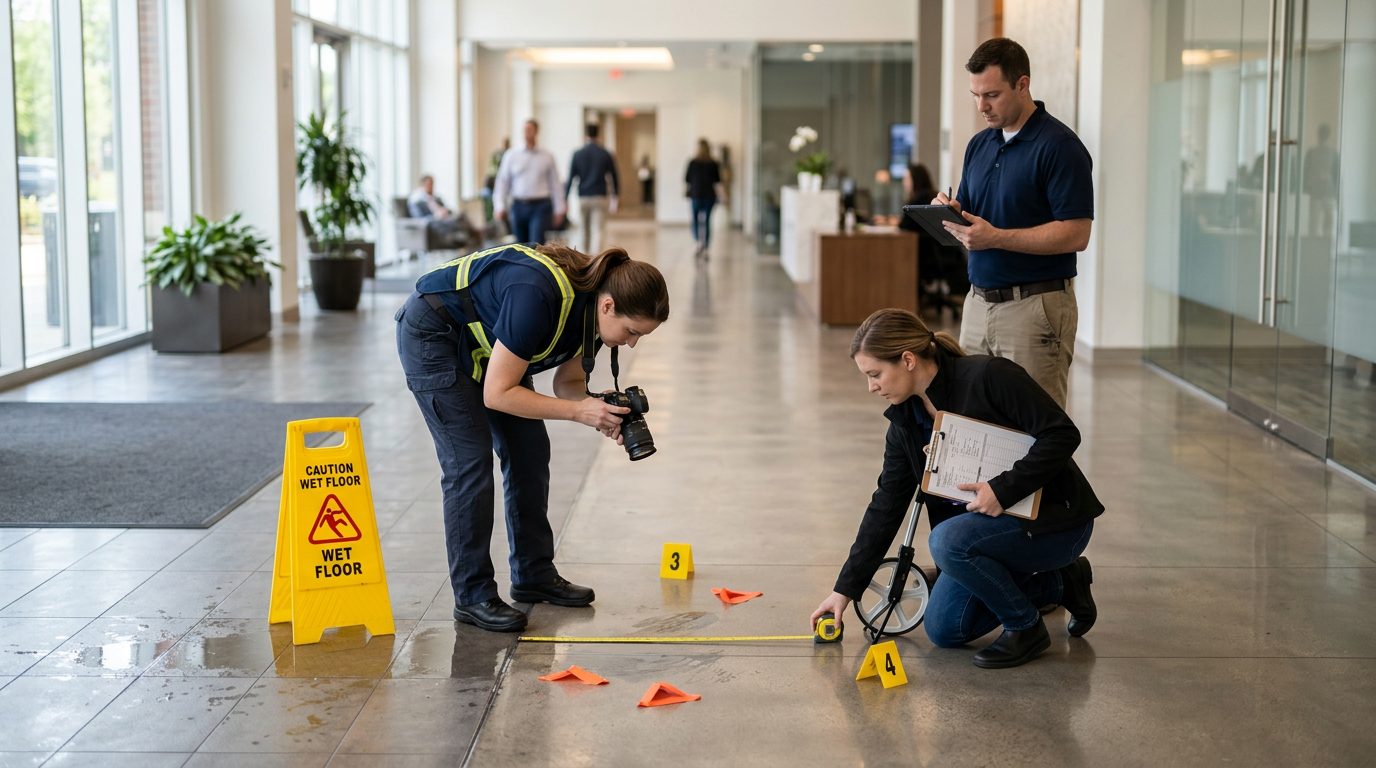 Accident investigators photograph and measure a slippery floor hazard inside a commercial property.
