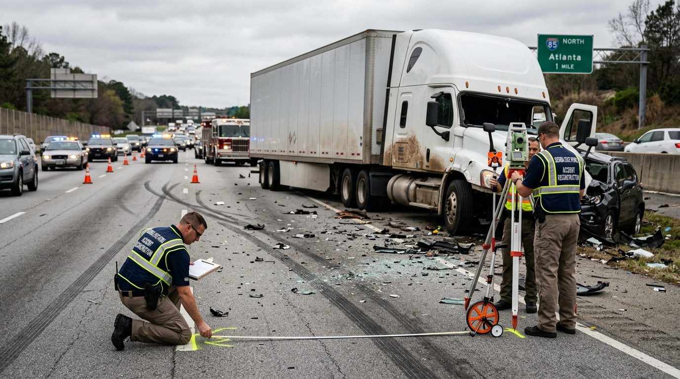 Accident reconstruction specialists measure debris and skid marks at a multi-lane highway truck collision site.