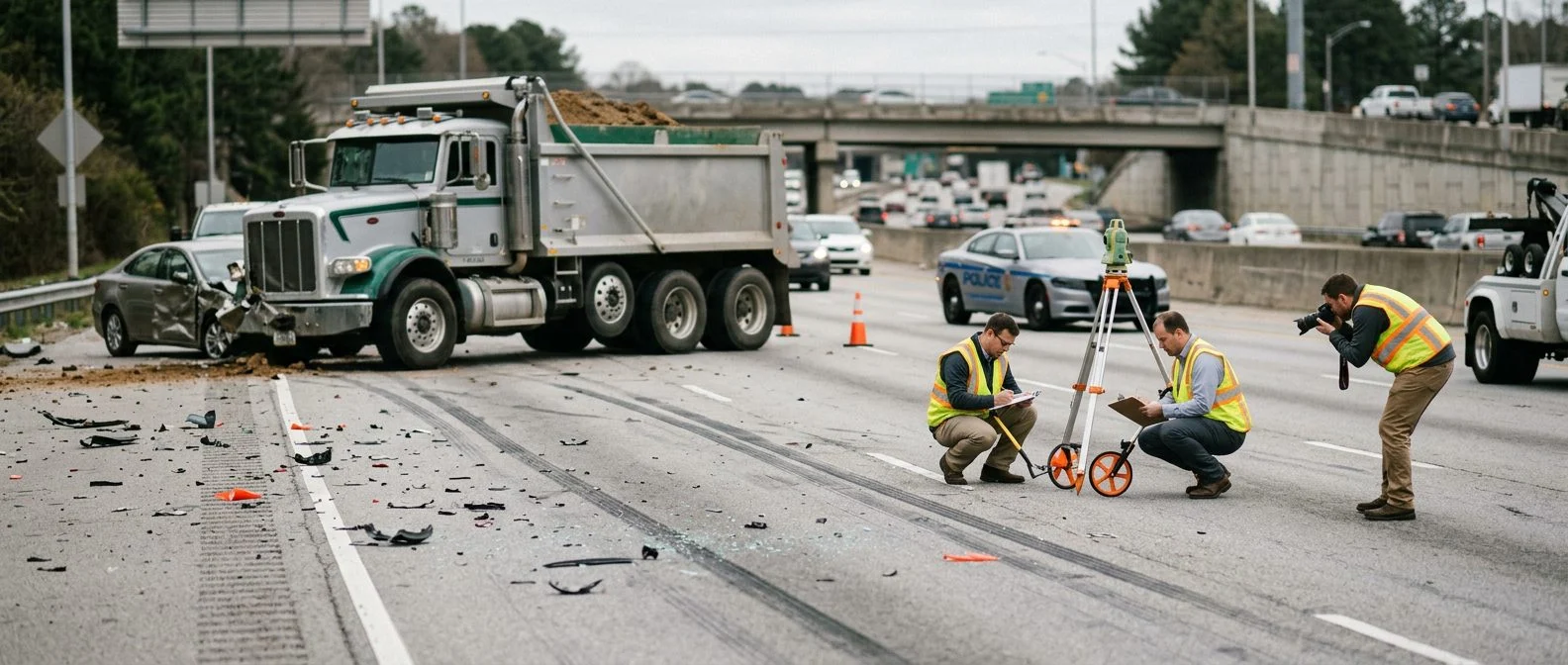 Accident reconstruction specialists measure skid marks and debris beside a damaged dump truck on a multi-lane highway.