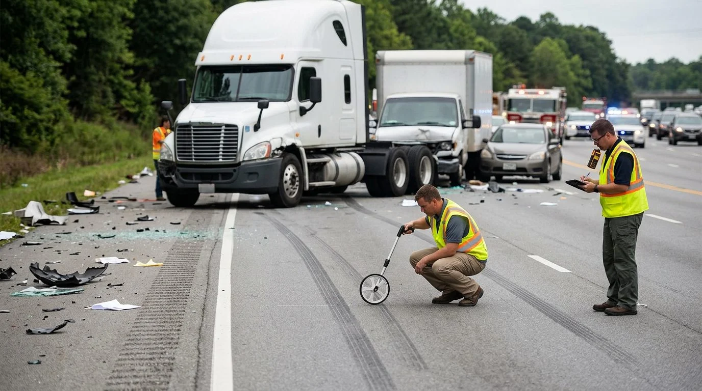 Accident reconstruction specialists measure skid marks and debris at a commercial truck crash on a multi-lane highway.