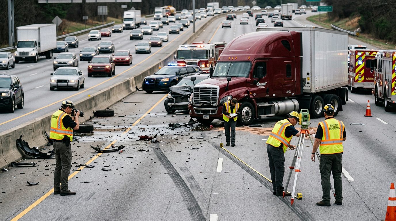 Accident reconstruction specialists measure skid marks and debris beside a damaged commercial truck on a multi-lane highway.