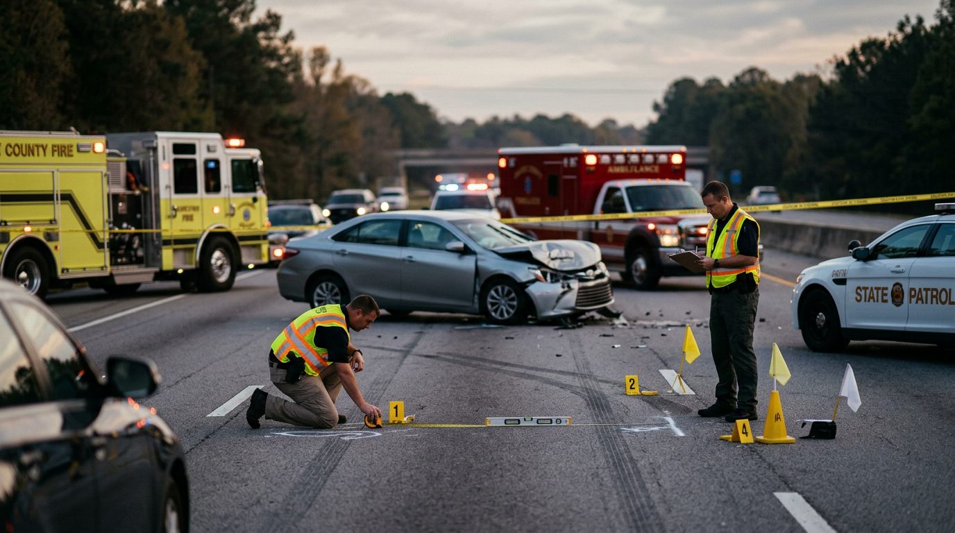 Especialistas en reconstrucción de accidentes miden la posición de los vehículos y colocan marcadores de evidencia en una autopista al amanecer.