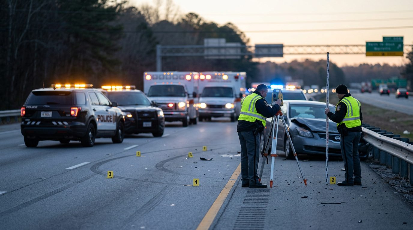 Accident reconstruction specialists measure vehicle positions and place evidence markers at a dawn highway crash scene with emergency vehicles.