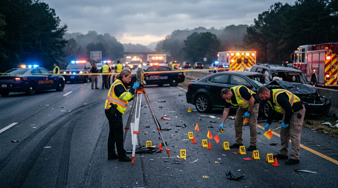 Especialistas en reconstrucción de accidentes miden la posición de los vehículos y colocan marcadores de evidencia en una autopista al amanecer.