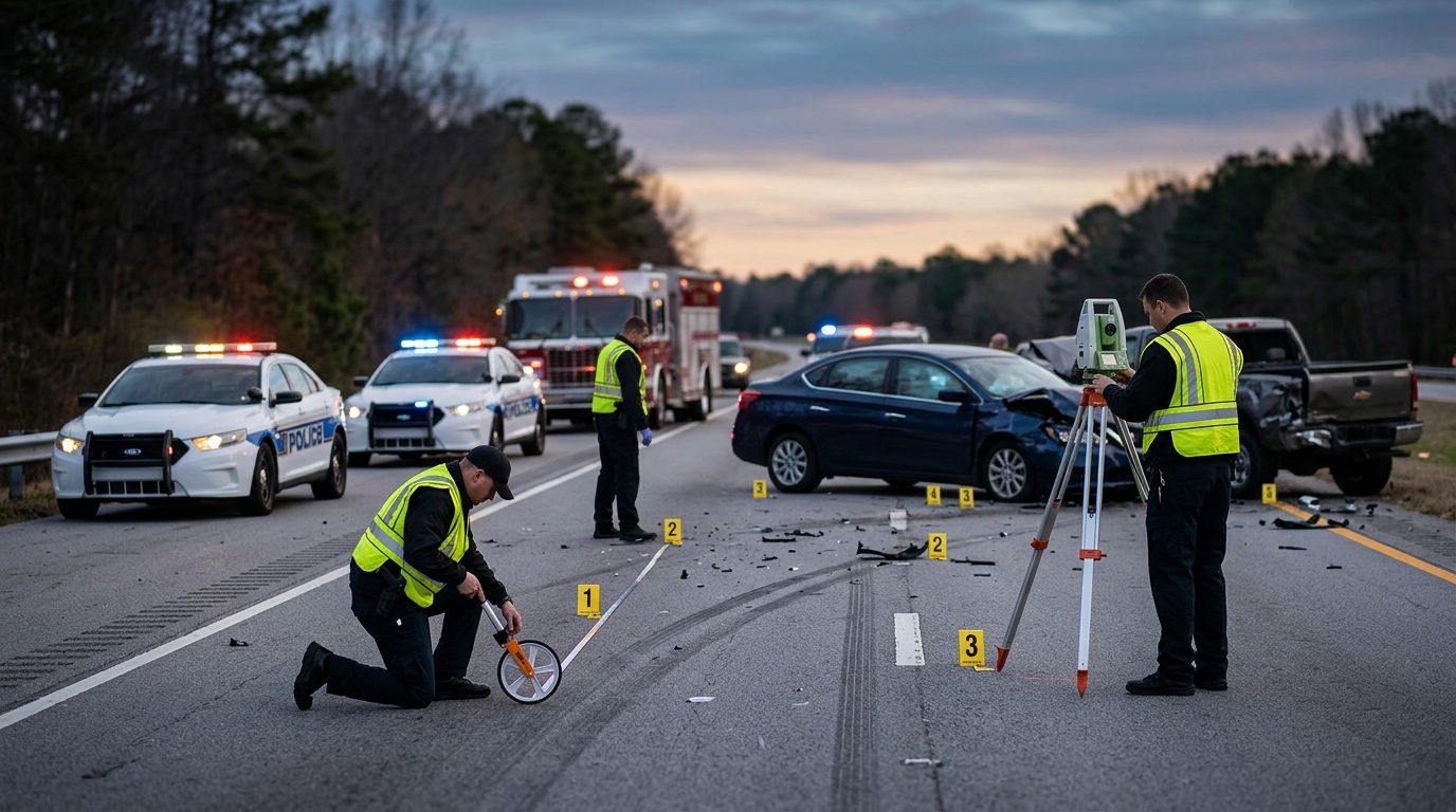 Especialistas en reconstrucción de accidentes miden la posición de los vehículos y colocan marcadores de evidencia en una autopista al amanecer, con