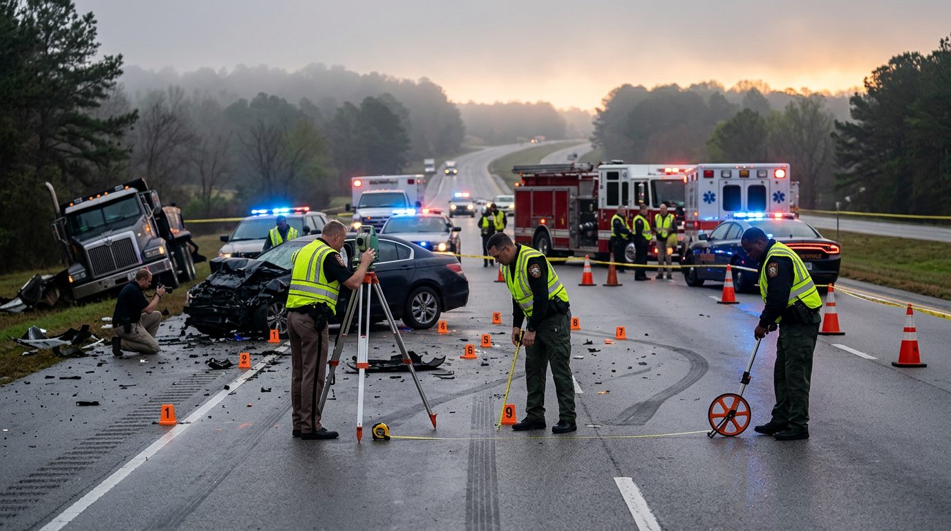 Accident reconstruction specialists measure vehicle positions and place evidence markers at a dawn highway crash scene with emergency vehicles.
