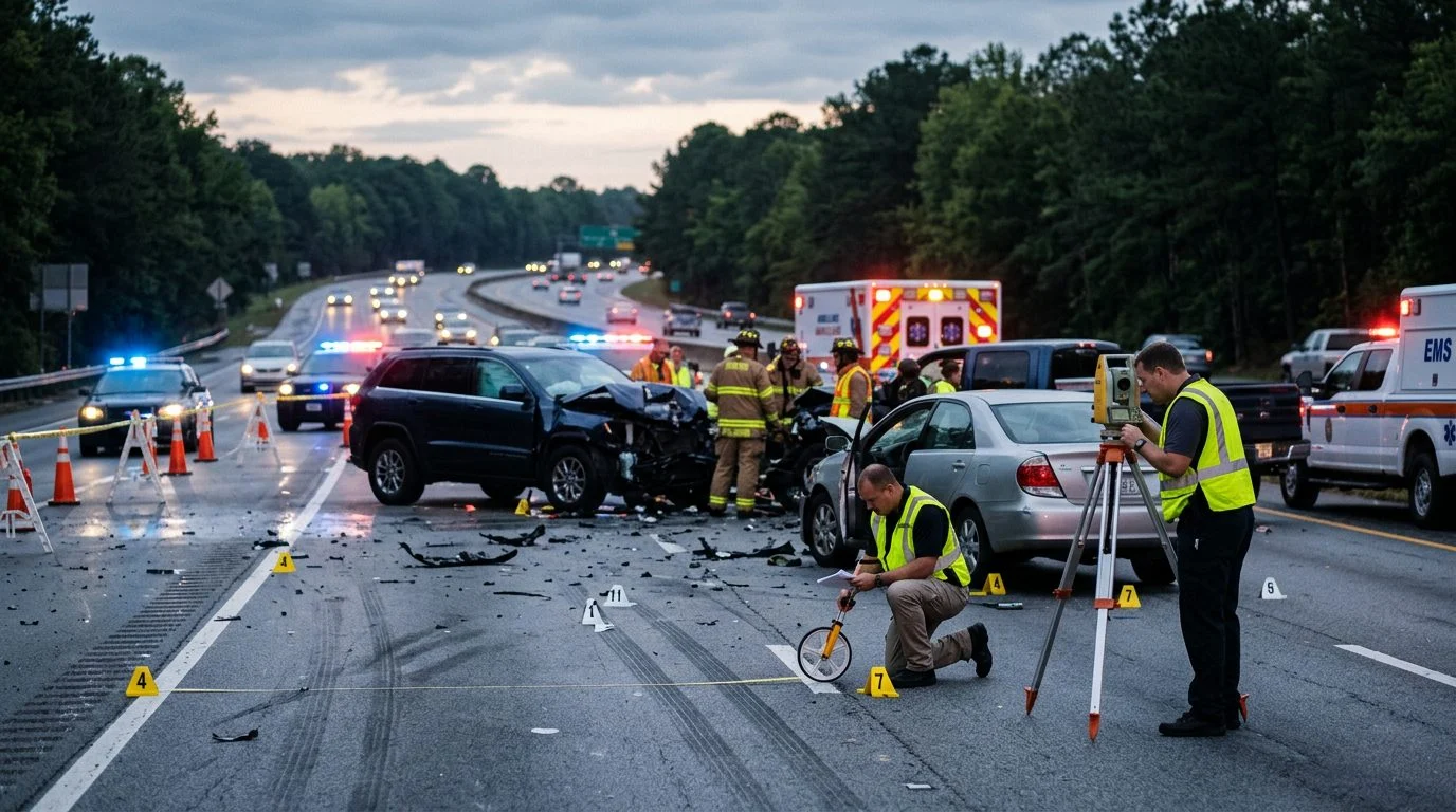 Accident reconstruction specialists measure vehicle positions and place evidence markers at a fatal multi-vehicle highway crash scene at dawn.