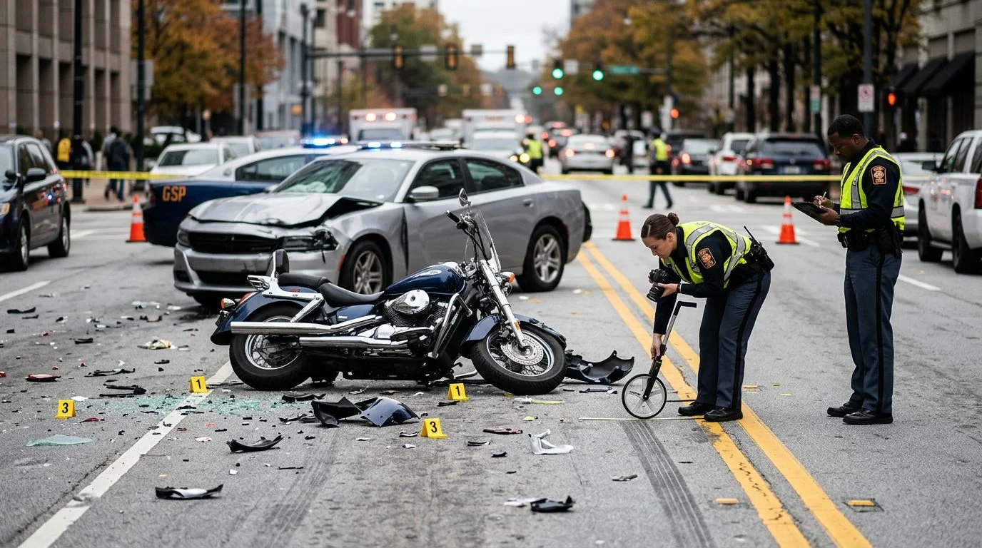 Accident scene with motorcycle debris and investigators on city street.