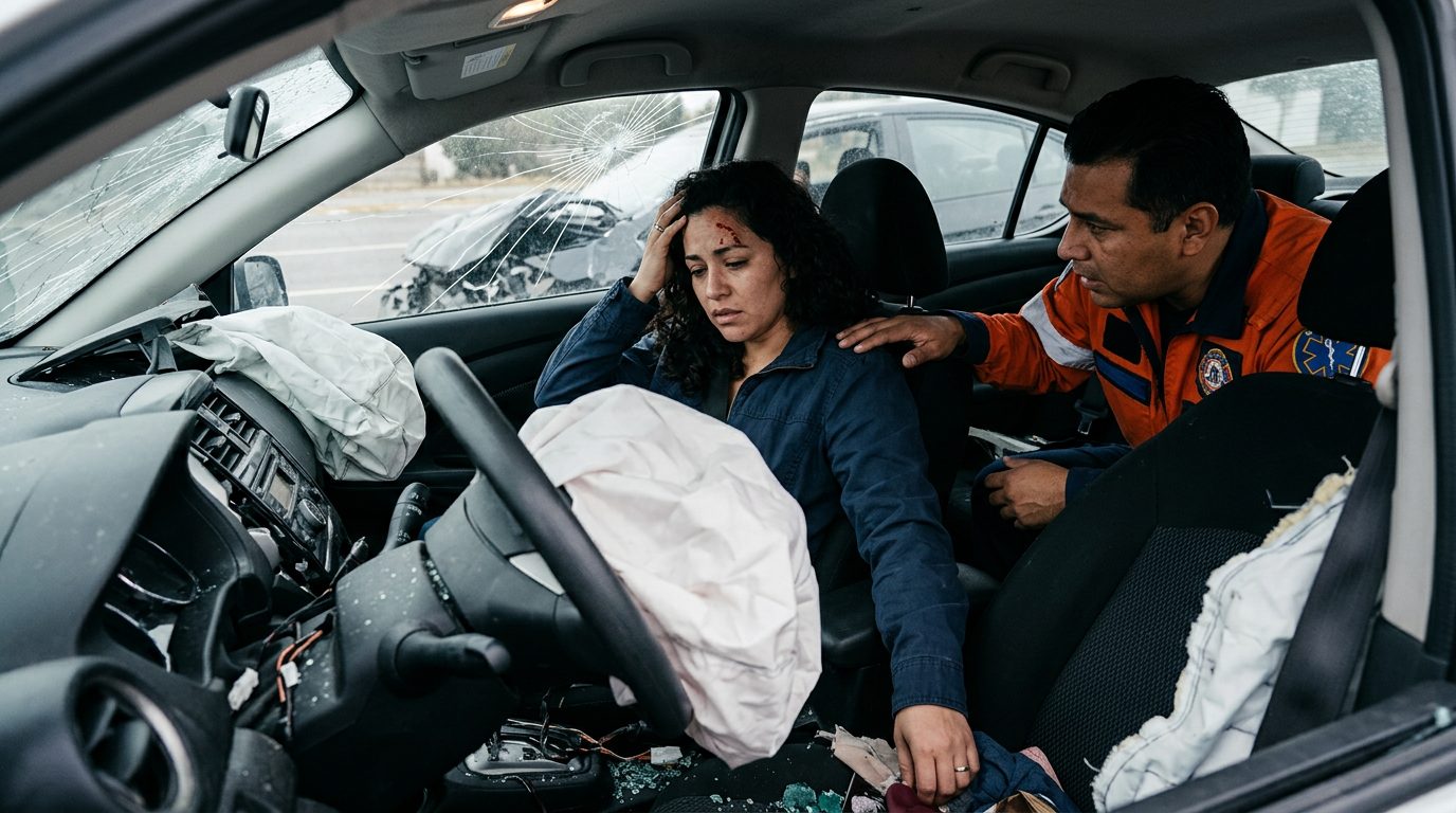 Automóvil dañado con airbags desplegados después de colisión.