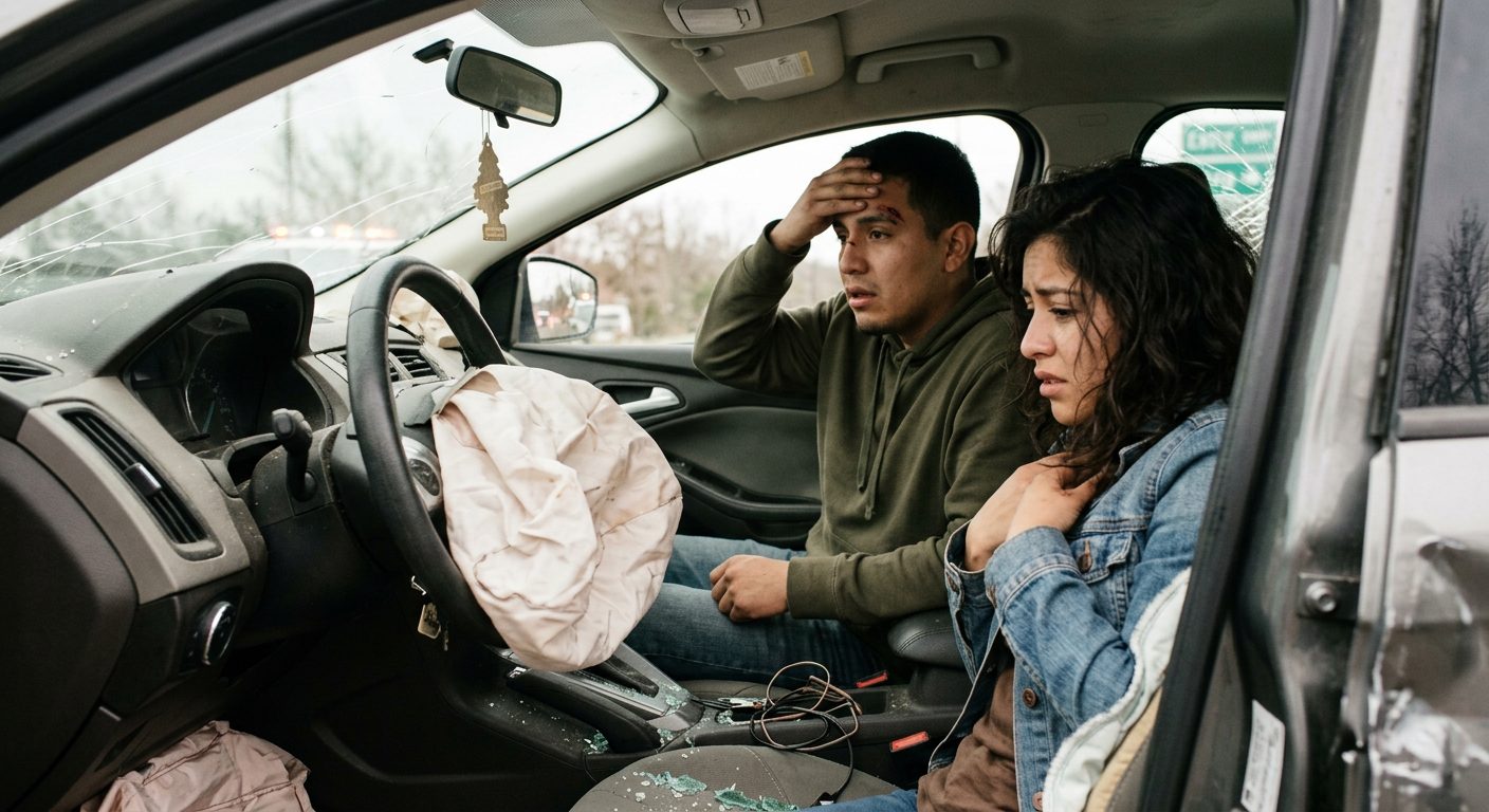 Automóvil dañado por colisión con airbags desplegados y deformación estructural.