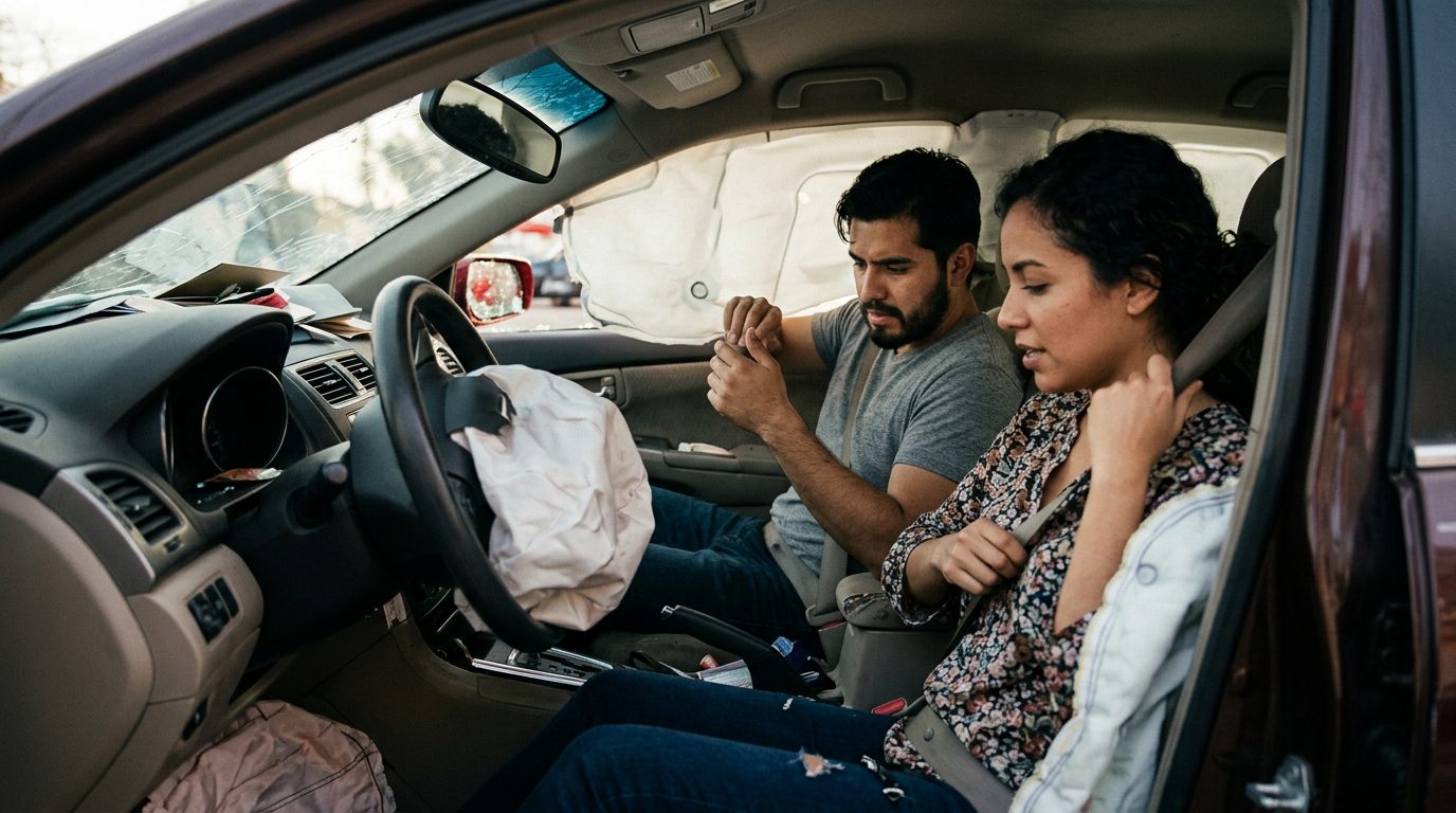 Automóvil dañado tras colisión con airbags desplegados y deformación estructural.