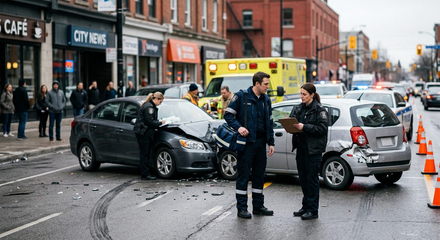 Car accident scene with vehicle damage, emergency vehicles, and investigators on city street.