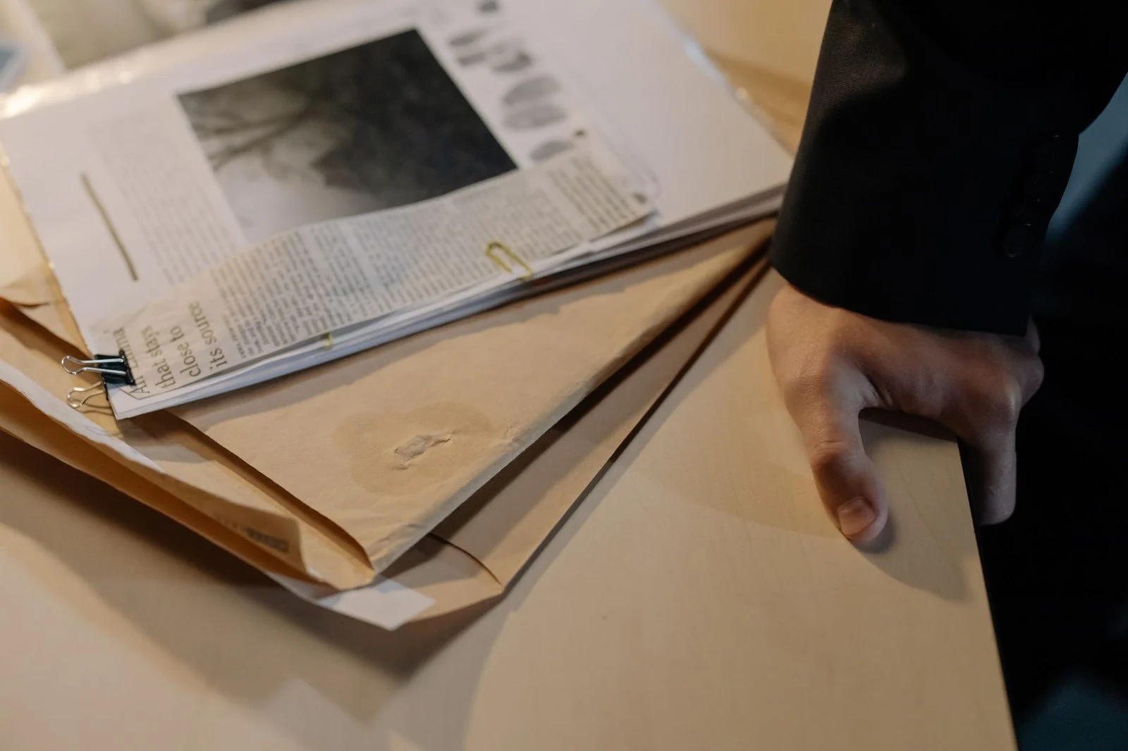 A close-up of a hand resting on a desk beside a stack of documents and newspaper clippings.