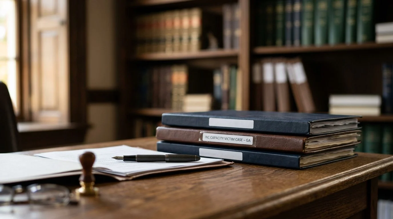 Close-up of a wooden desk with a pen resting on a stack of legal forms and a case folder.