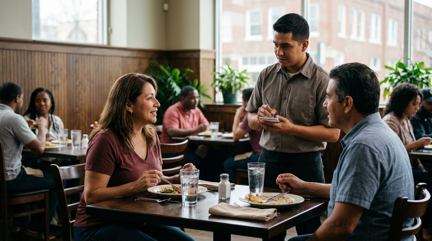 Comedor de restaurante con meseros atendiendo a clientes en Georgia.