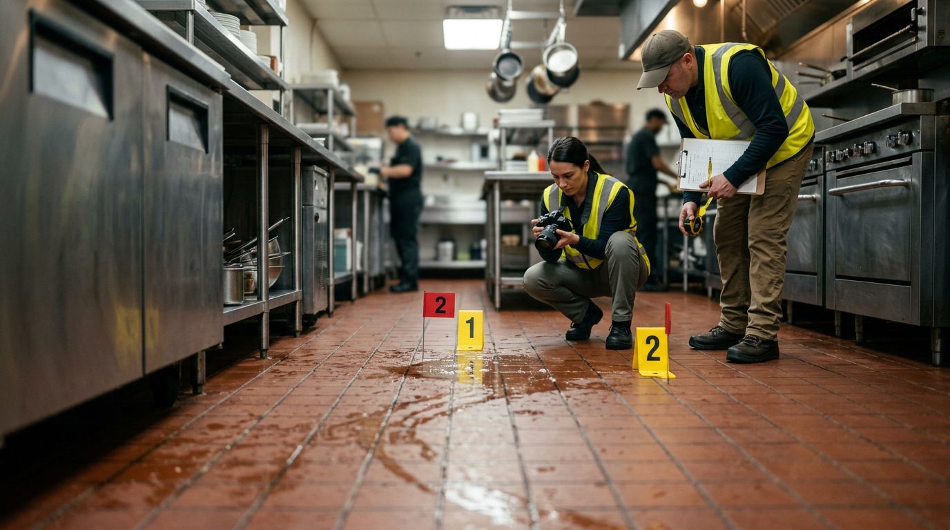 Suelo mojado y grasiento de una cocina comercial, con marcadores de evidencia y investigadores fotografiando el lugar de una caída.