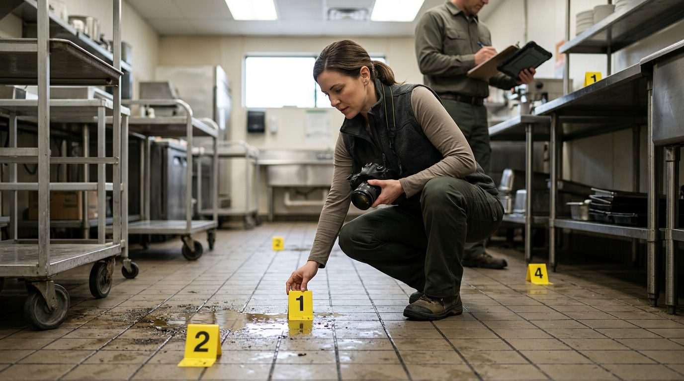 Investigadores fotografiando baldosas mojadas y grasientas junto a una alfombrilla antideslizante ausente en una cocina comercial.