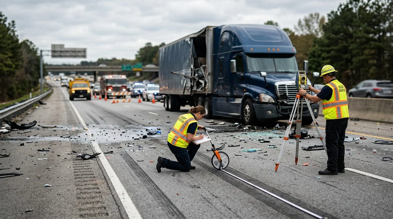 Commercial truck accident scene on a multi-lane highway, with debris, skid marks, and investigators measuring the collision site.