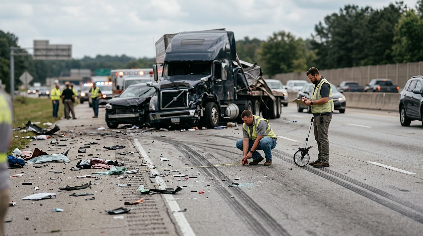 Commercial truck accident scene on highway with debris, skid marks, and accident reconstruction specialists documenting the collision.