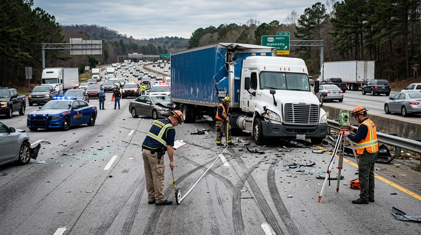 Commercial truck accident scene on highway with debris, skid marks, and accident reconstruction specialists documenting collision.