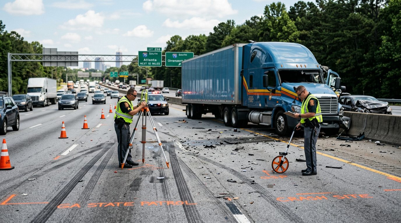 Commercial truck accident scene on highway with debris, skid marks, and accident reconstruction specialists documenting the collision.