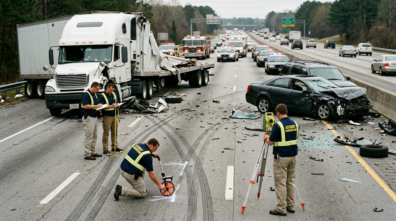 Commercial truck accident scene on highway with debris, skid marks, and reconstruction specialists documenting collision.