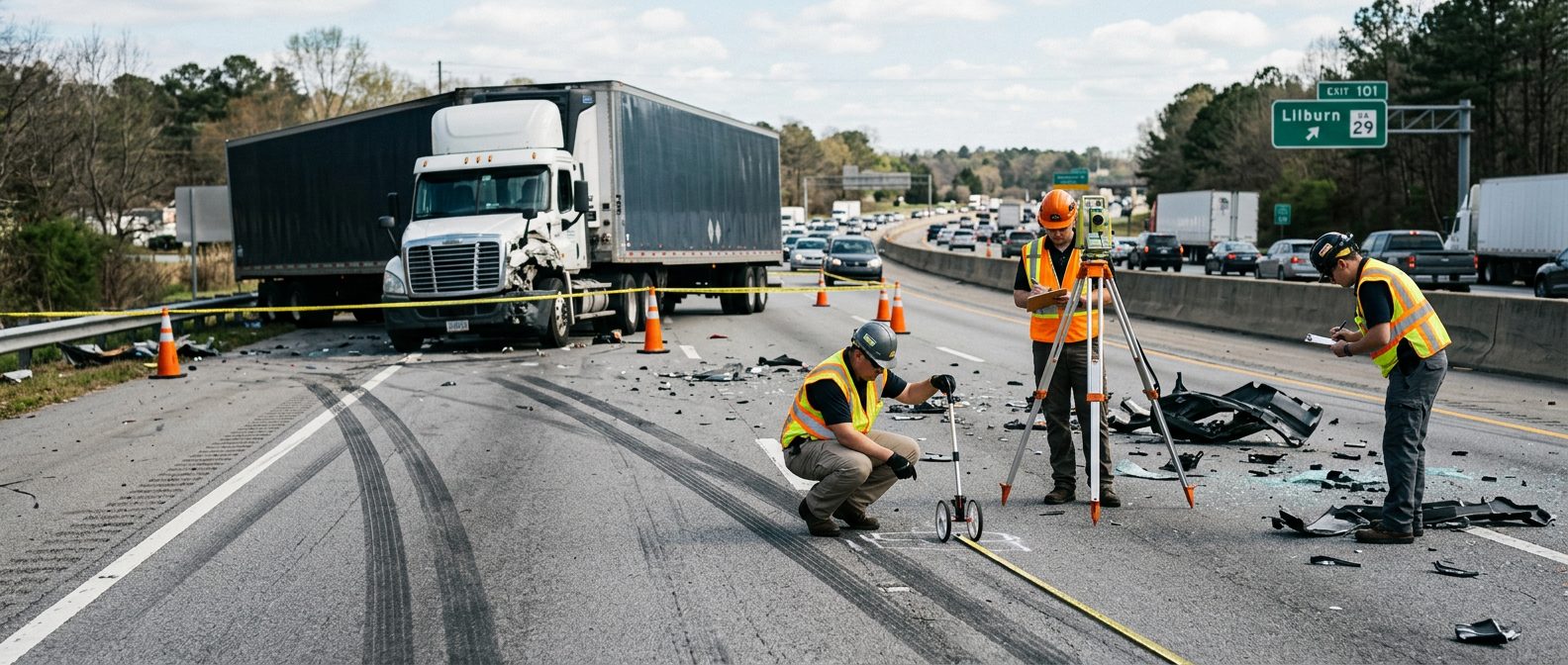 Commercial truck accident scene with debris, skid marks, and accident reconstruction specialists documenting the collision.