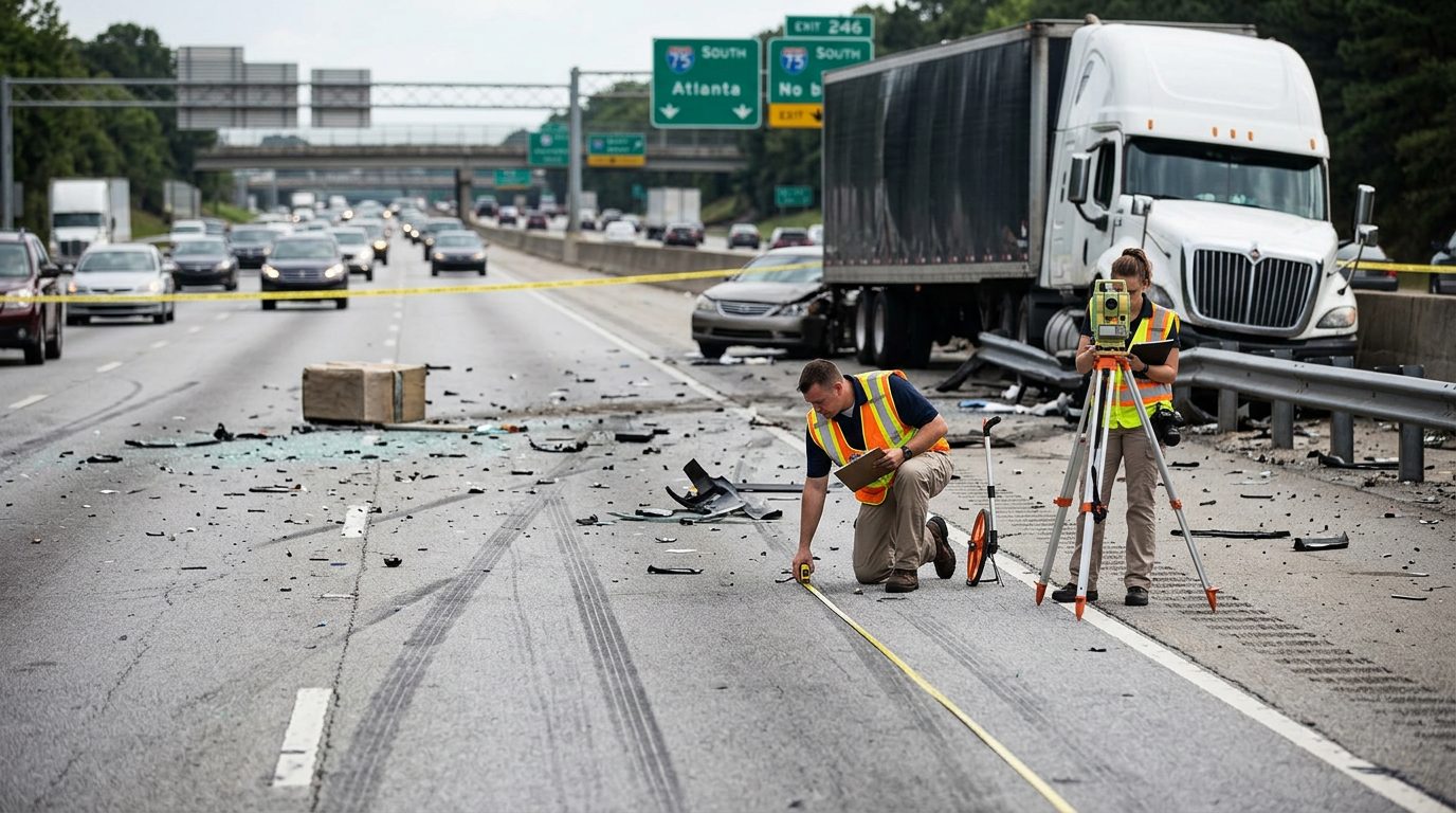 Commercial truck accident scene with debris, skid marks, and accident reconstruction specialists documenting the collision.