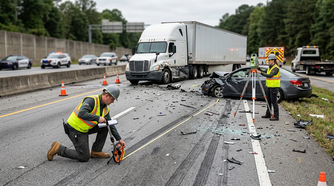 Commercial truck accident scene with debris, skid marks, and reconstruction specialists documenting the collision.