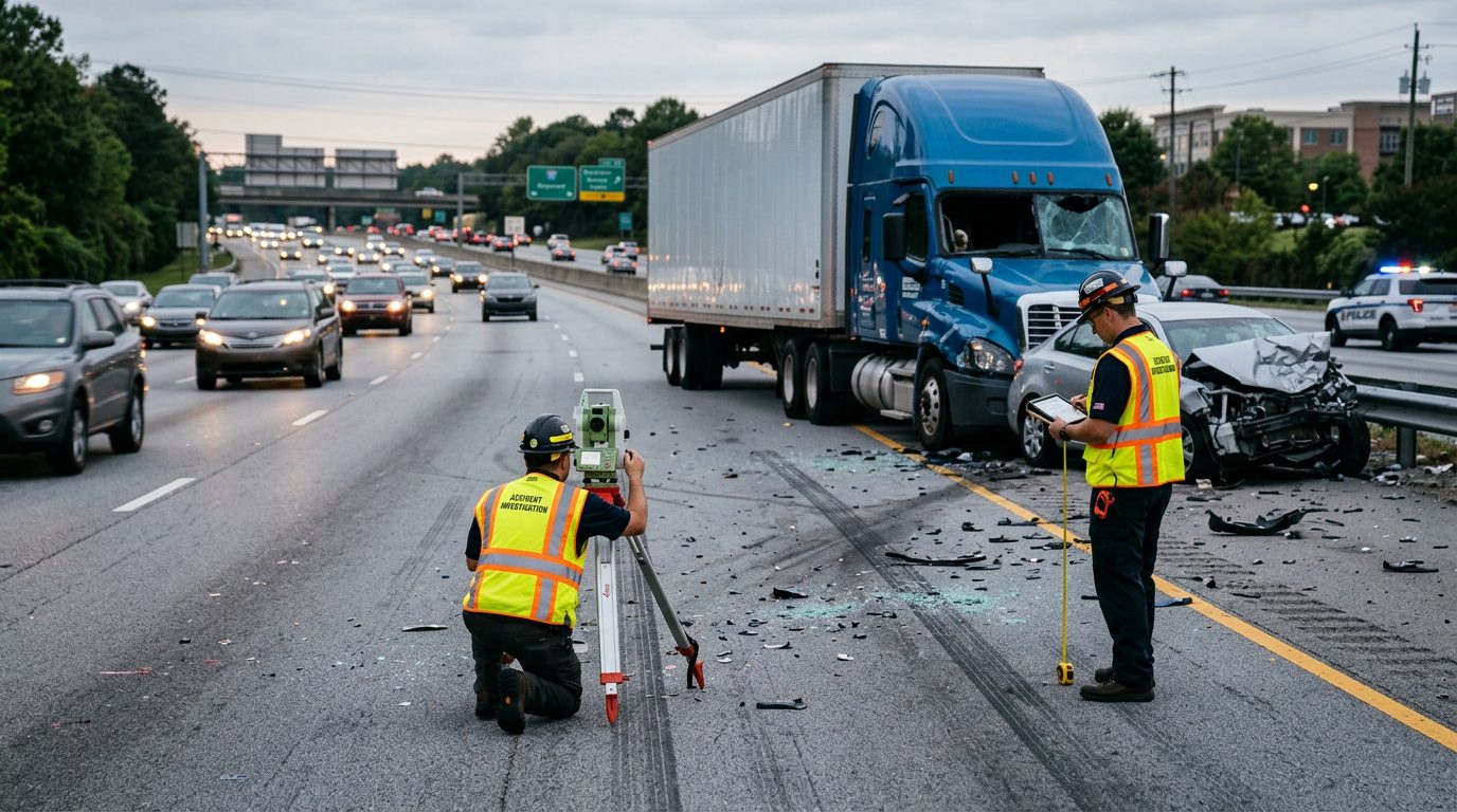 Commercial truck accident scene with debris, skid marks, and reconstruction specialists documenting collision on highway.