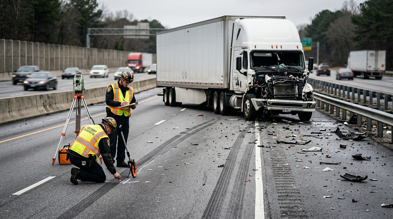 Commercial truck crash on a multi-lane highway, with debris, skid marks, and investigators measuring the scene.