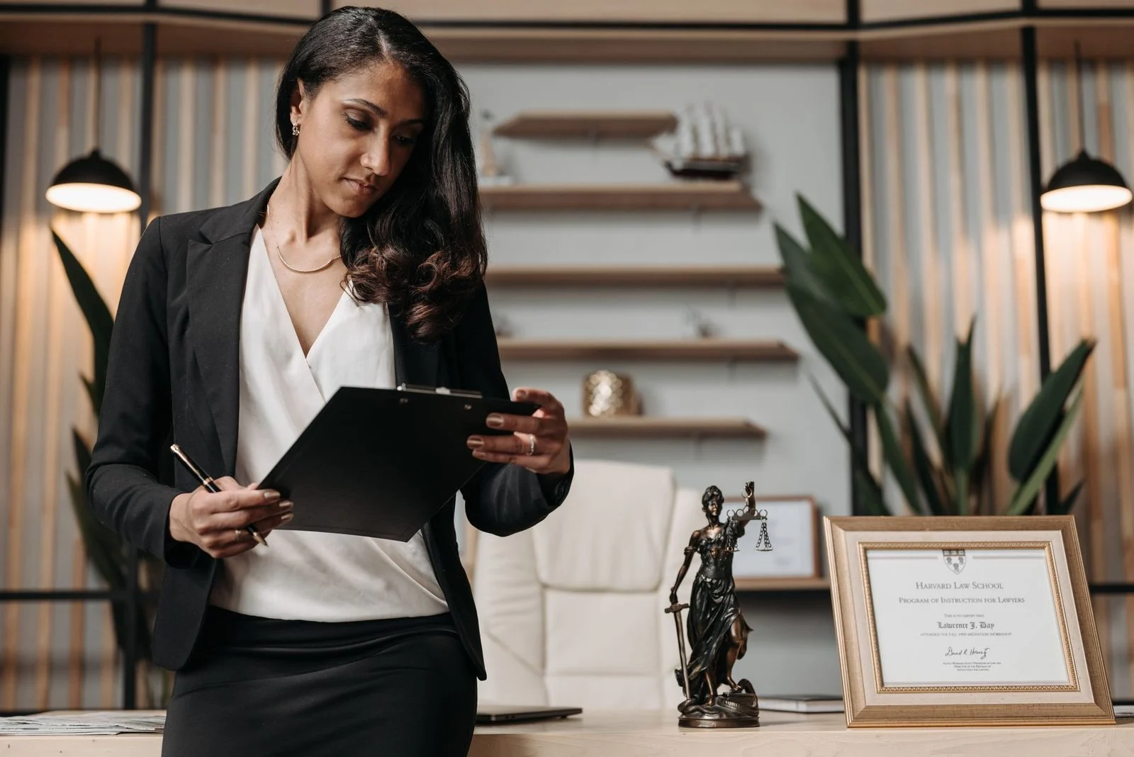 Mujer de negocios segura revisando documentos en un escritorio de un despacho jurídico moderno.