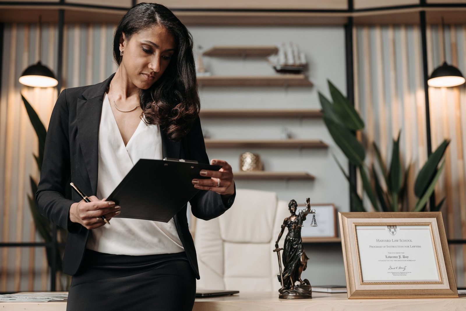 Confident businesswoman reviews paperwork at a desk in a modern law office.