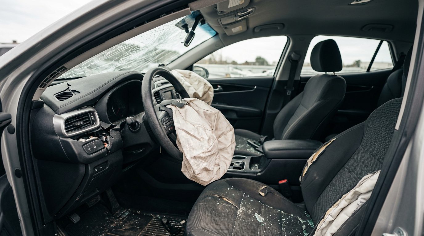 Damaged sedan interior with deployed airbags after collision.