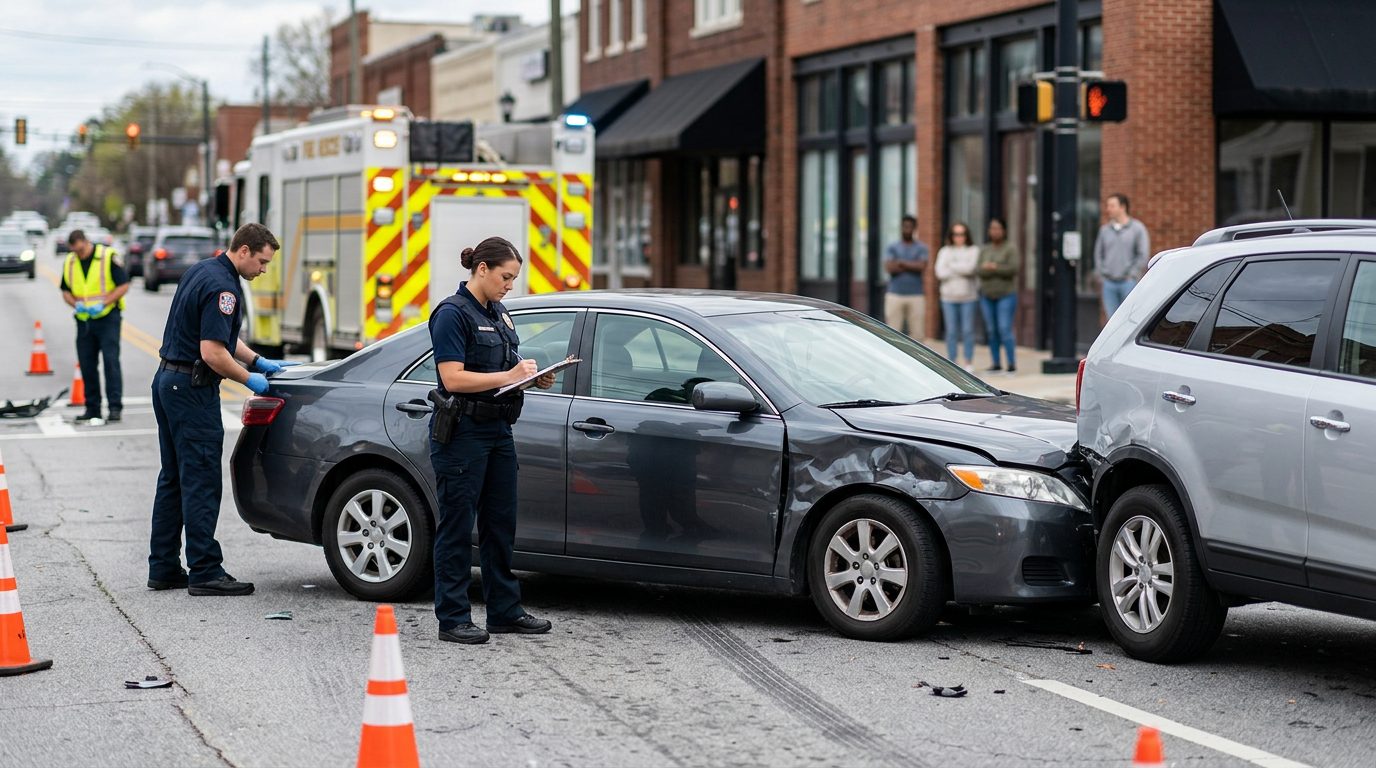 Damaged vehicles and emergency responders at a city street crash scene, with investigators documenting the incident.