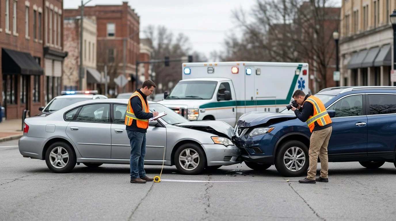 Vehículos dañados y personal de emergencia documentando un accidente de tránsito en una calle de la ciudad.