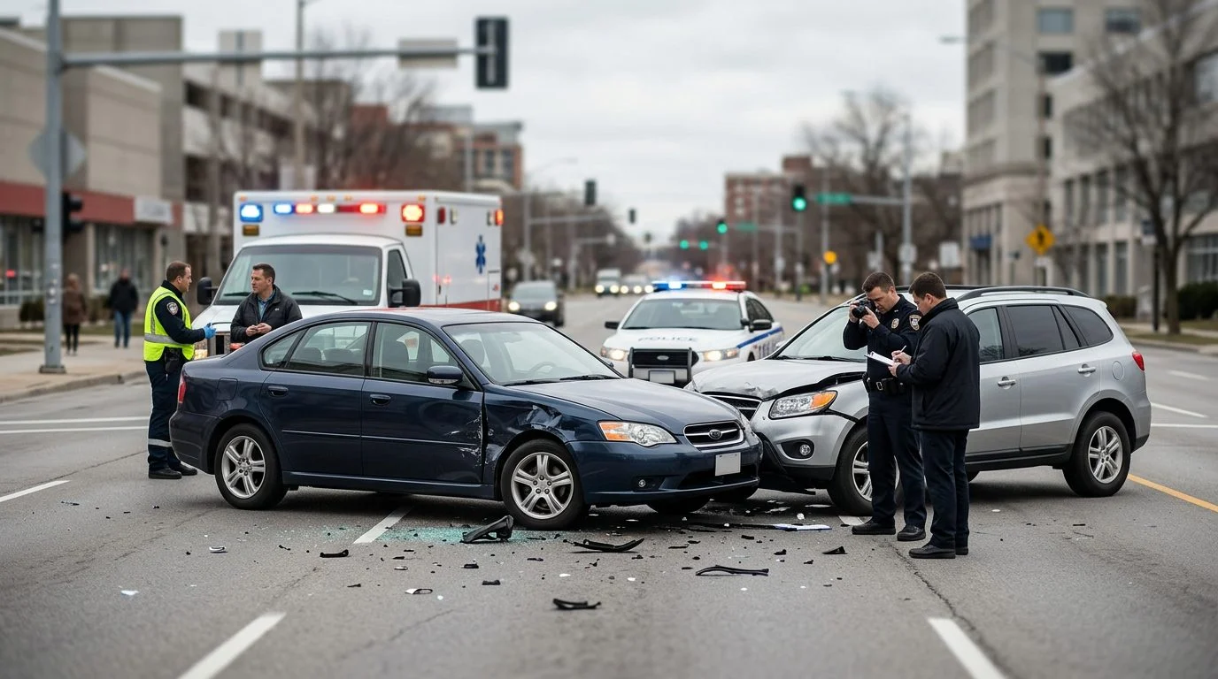 Damaged vehicles at a city street crash scene, with emergency responders and investigators documenting the incident.