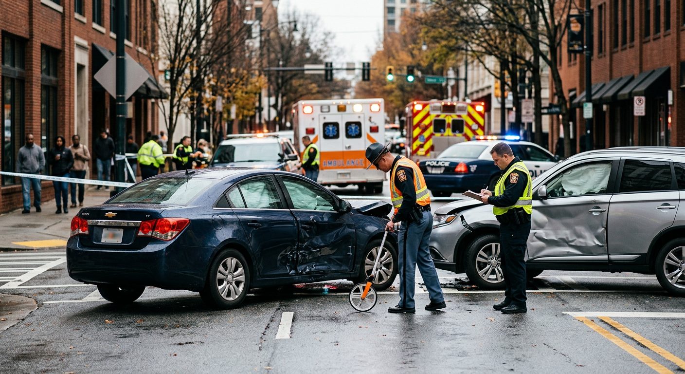 Damaged vehicles on a city street with emergency responders and investigators documenting a traffic accident scene.