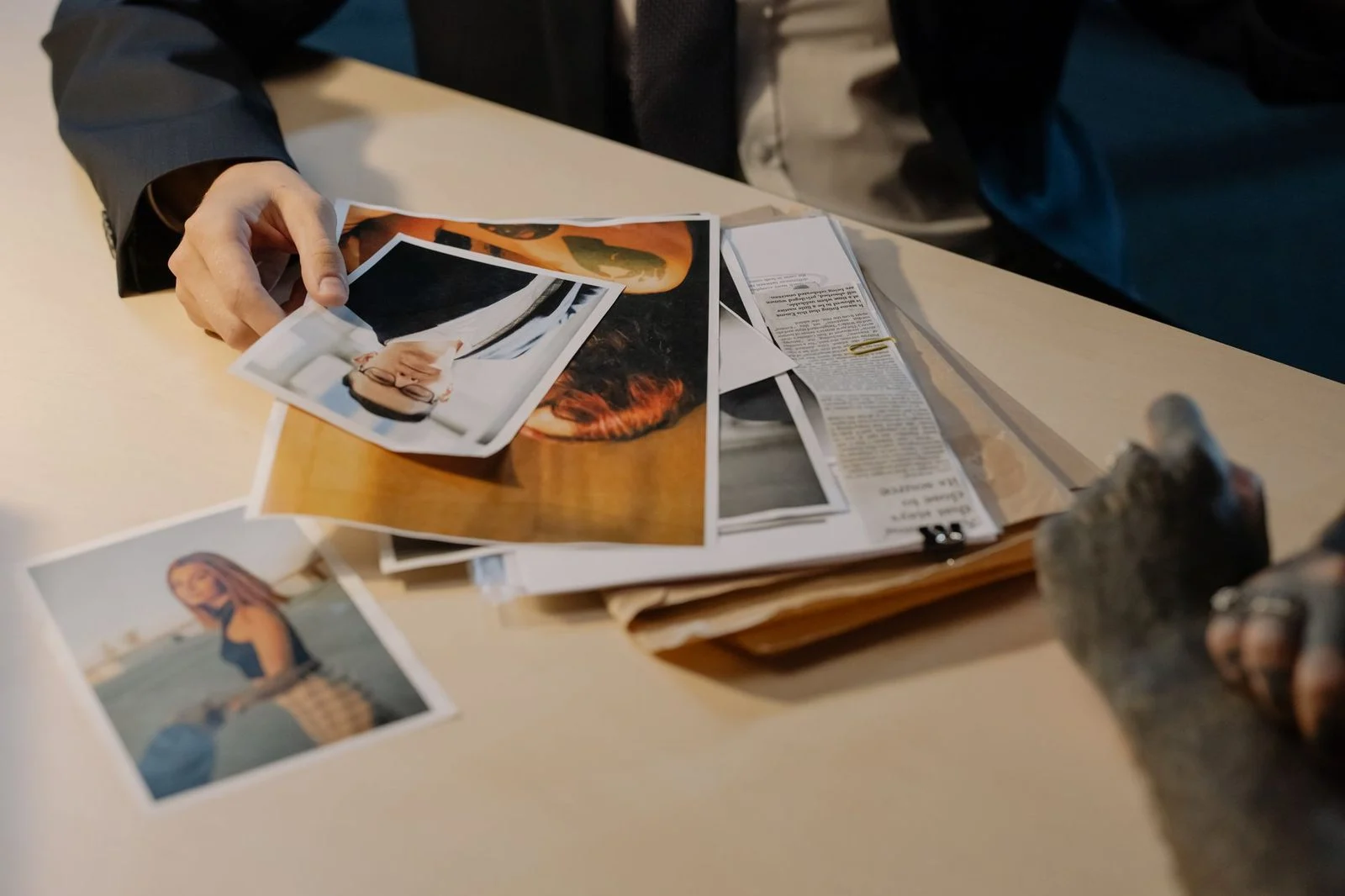 A close-up of a detective examining evidence photos spread across a table during an investigation.